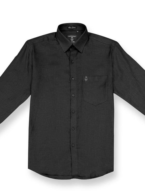Black button-up shirt with a pocket on a white background