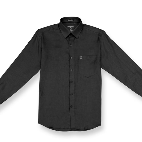 Black button-up shirt with a pocket on a white background