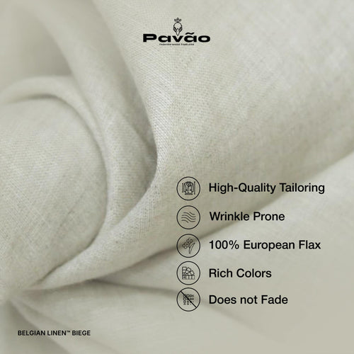 Close-up of beige linen fabric with Pavao branding and text about fabric properties.