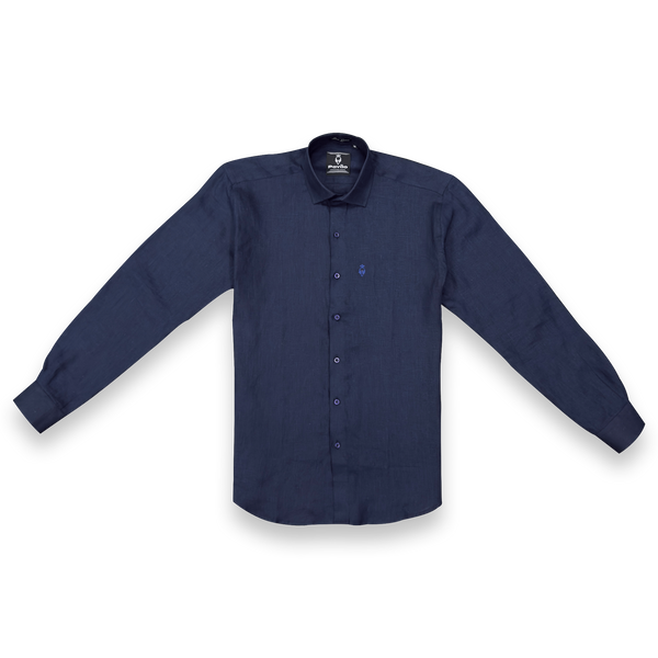 Navy blue linen shirt on a white background