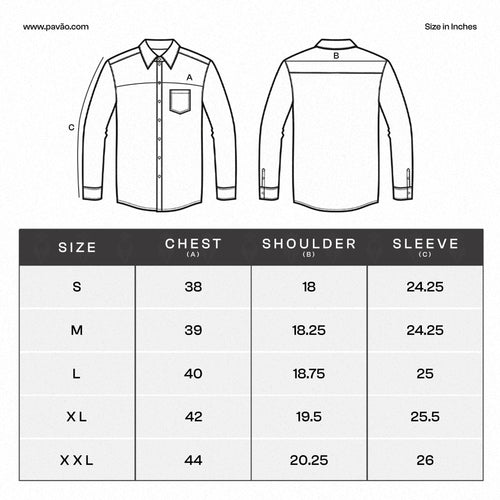 Size chart for a shirt with measurements in inches