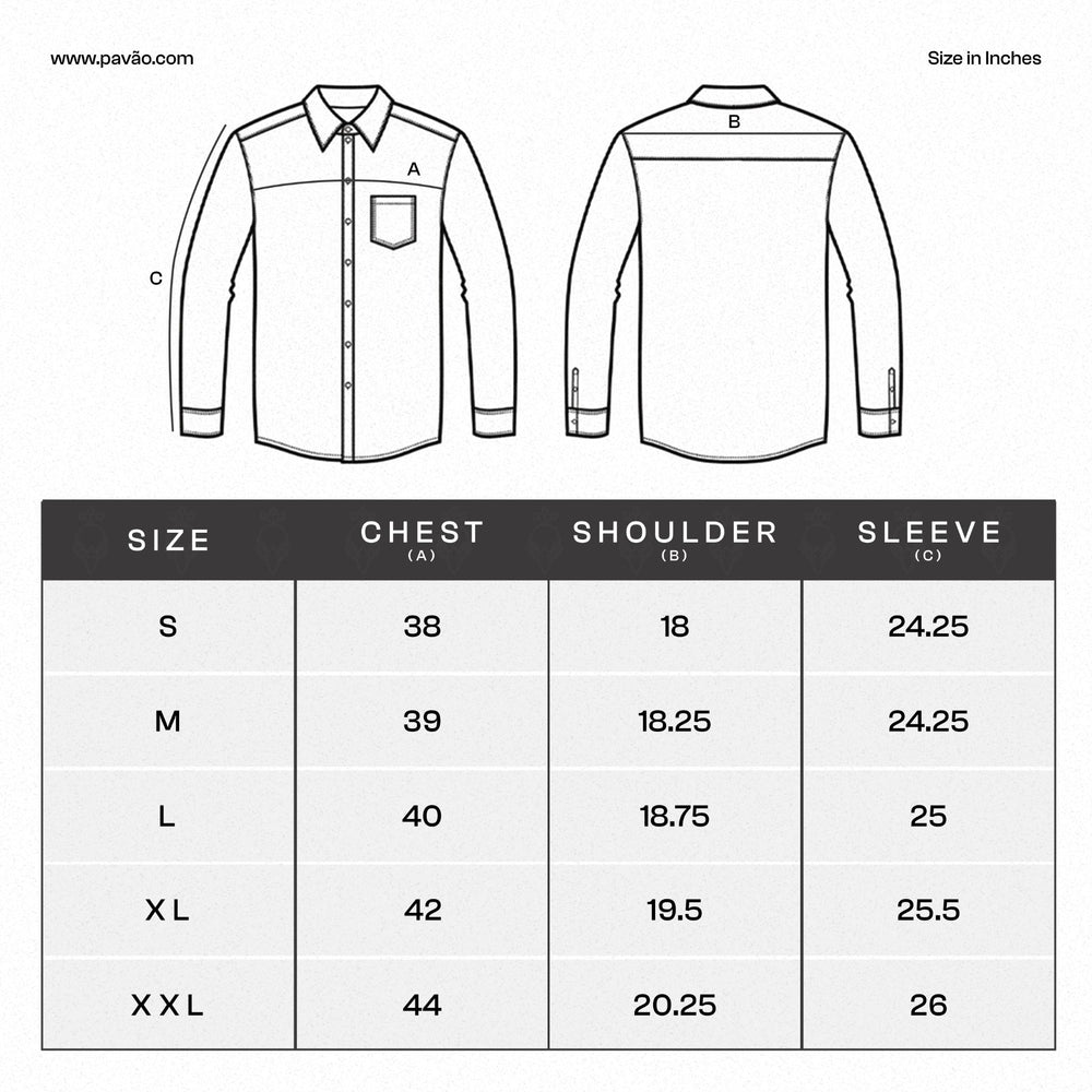 Size chart for a shirt with measurements in inches